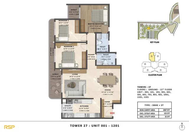 3 BHK plan 1067