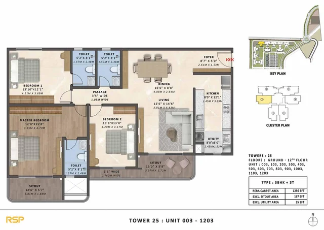 3 BHK plus 3 toilet 1256 plan